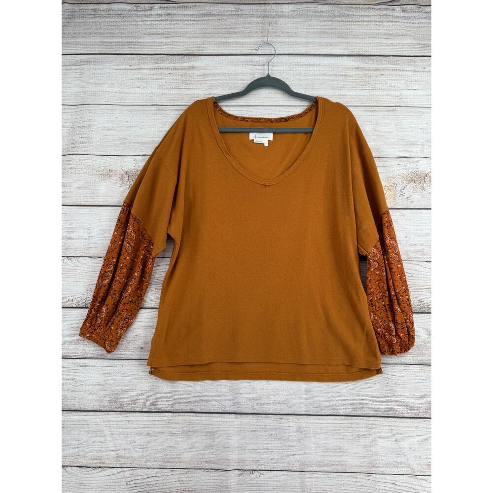 Anthropologie Oversized Rough Hem Floral‎ Sleeve Thermal Top Womens S Brown